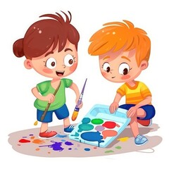 Cartoon kids painting in the school. Generative AI