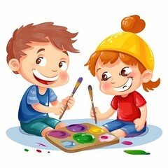 Cartoon kids painting in the school. Generative AI