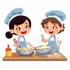 Cute children cooking in the kitchen. Happy little chef kids. Generative AI