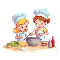 Cute children cooking in the kitchen. Happy little chef kids. Generative AI