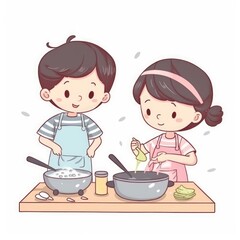 Cute children cooking in the kitchen. Happy little chef kids. Generative AI