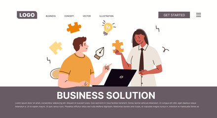 Teamwork process. Brainstorming and finding solutions to problems. Business people, partners, colleagues share ideas, discuss strategy. Website, template, landing page. Vector characters illustration.