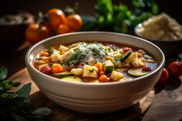 Minestrone with a variety of vegetables, pasta, and herbs in a white bowl on a wooden table