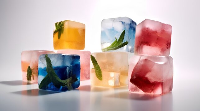 Fancy ice cubes. These creatively designed frozen water forms add a touch of sophistication and fun to beverages. Often infused with flavors, colors, or edible decorations. Generative AI