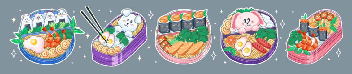 Bento boxes in Kawaii style. Cute, colorful illustrations. Japanese food in lunch boxes. Anime. Vector.