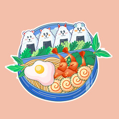 Bowl in Kawaii style. Cute, colorful illustrations. Japanese food. Anime. Vector. Perfect for flyers, posters, and discount cards.
