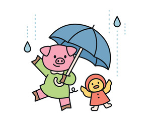 Rain day. A pig and a chick are playing in the rain with an umbrella. A cute and simple illustration with a thick outline.