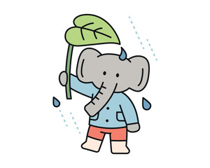Rain day. An elephant is using a large leaf as an umbrella. A cute and simple illustration with a thick outline.