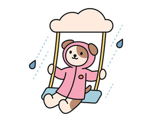 Rain day. A puppy in a raincoat is riding on a swing. A cute and simple illustration with a thick outline.