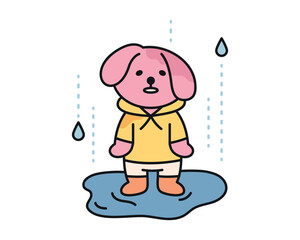Rain day. The puppy is standing in the rain and wet. A cute and simple illustration with a thick outline.