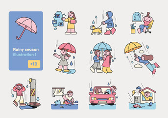 Rain day. Street people with umbrellas and natural disasters. A cute and simple illustration with a thick outline. - obrazy, fototapety, plakaty