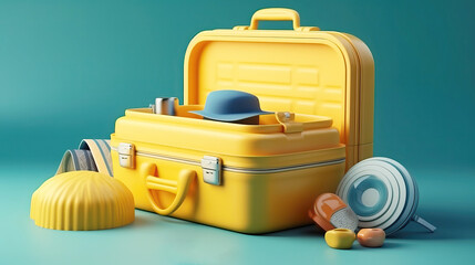 traveler yellow suitcase and accessories on blue background. travel concept. generative AI