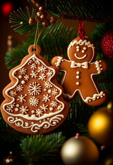 Christmas gingerbread on the background of the Christmas tree. AI Generated
