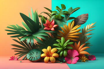 Fototapeta premium Abstract 3D Tropical House plant and Flower Background, photo generative Ai