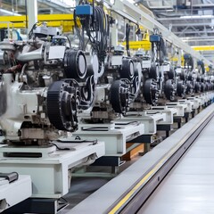Naklejka na ściany i meble Automotive assembly line in modern factory. Production line of automobile factory. Car engine factory-Generative AI