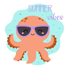 summer card with cute cartoon octopus character