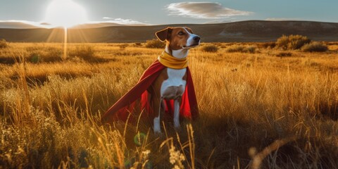 Cute super hero dog with his red cape in field background, runs in garden, cloak flutters in wind, generative ai