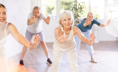Obraz premium Elderly lady is engaged in modern dance class with group friends of same age and learn to perform movements to rhythmic music. Active longevity, dance moves and basic steps