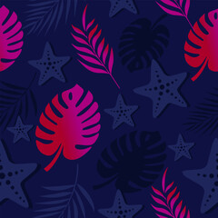Fototapeta na wymiar Vector seamless summer pattern with tropical motifs - palm leaves and starfish.