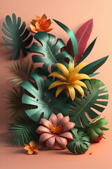 Abstract 3D Tropical House plant and Flower Background, photo generative Ai