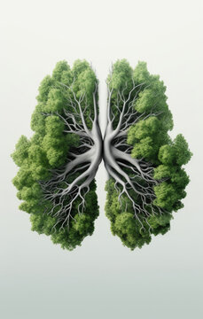 reative metaphoric image of human lungs in the shape of green forest trees with lush vegetation foliage. Environment climate change smoking health concept