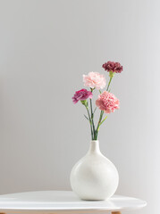 beautiful carnation flowers in ceramic vase on white table