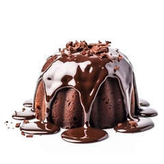 Chocolate cake in liquid chocolate on a white background, isolated. Generative AI