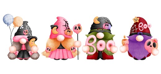 Halloween gnomes watercolor illustration set.Halloween cute gnomes with pink skull,pumpkin,crescent moon and balloons isolated on white background.