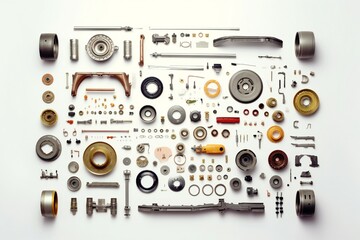 Disassembled car parts on white background Generative AI