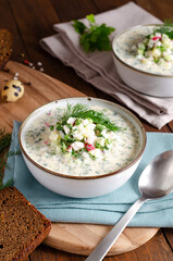 Cold Okroshka Soup with Eggs, Vegetables, Meat, Herbs and Kefir on a Wooden Background, Summer Soup