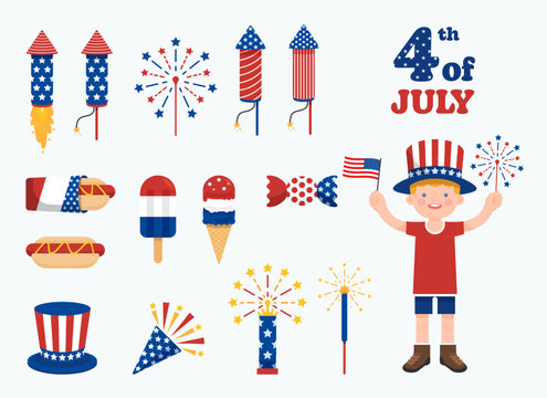 4th of July set. 4th July elements pack symbols and objects collection. Vector Illustration