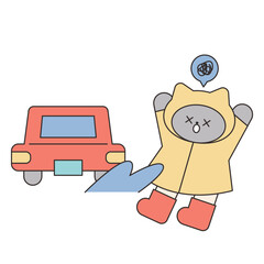 Rainy Day. Water is splashing on a cat in a raincoat as the car drives through a puddle. Simple illustration with outlines.