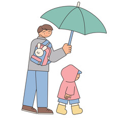 way to school. His dad is holding an umbrella for his little son on a rainy day. Simple illustration with outlines.
