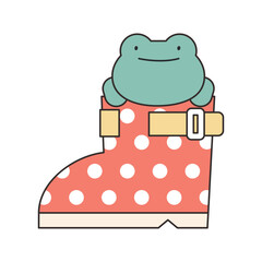 Rainy Day. There is a frog in a red spotted boot. Simple illustration with outlines.