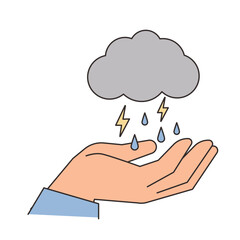 Rainy Day. Dark clouds are floating above your hands, and lightning and rain are falling. Simple illustration with outlines.