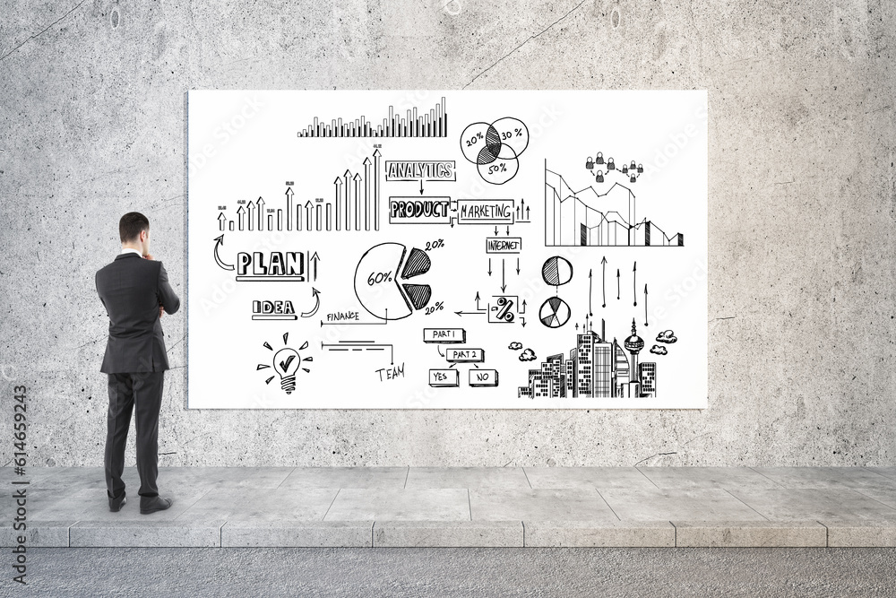 Poster back view of businessman looking at concrete wall with creative business sketch. success, work and i