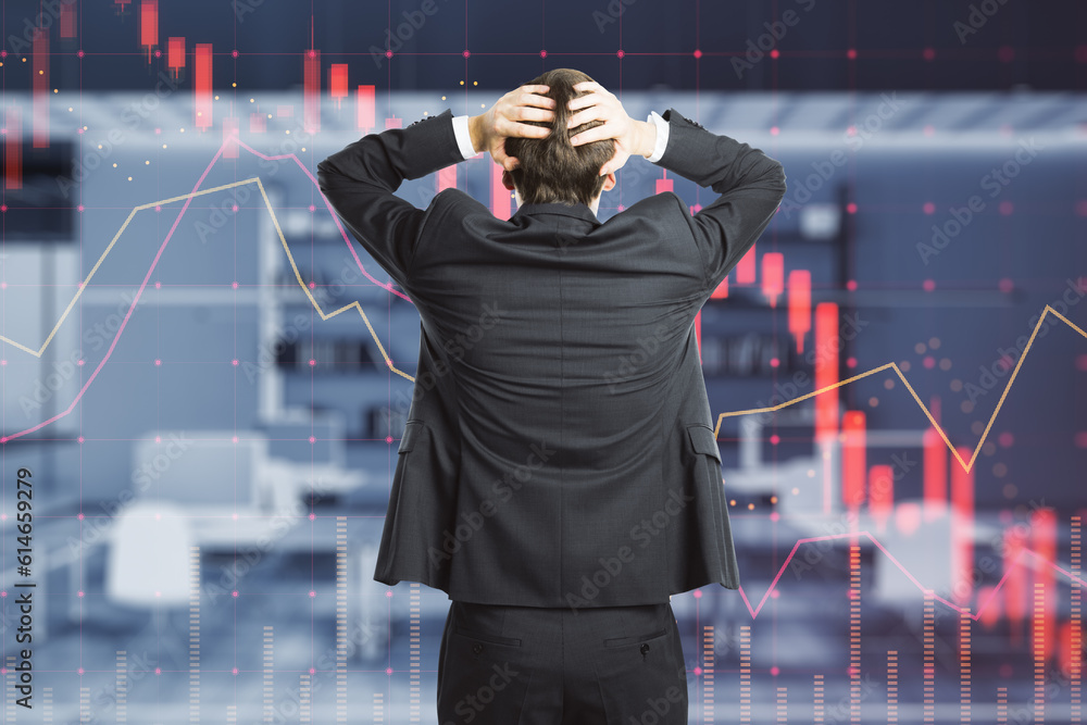 Poster trading, investing crash and economy crisis concept with confused man back view grabs his head and l