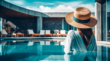 back view of woman in hat enjoying with her summer vacation at swimming pool. generative AI