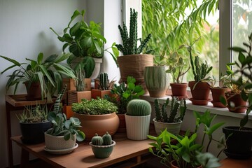 Indoor Gardening Systems, indoor horticulture. Different indoor plants in living room. Biophilia design, urban jungle concept. AI generative