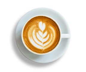 Heart shaped hot latte art coffee in a white cup isolated from the background. top view