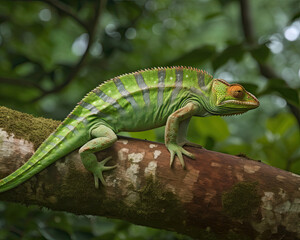 Obraz premium Chameleon Climbing Tree in Rainforest