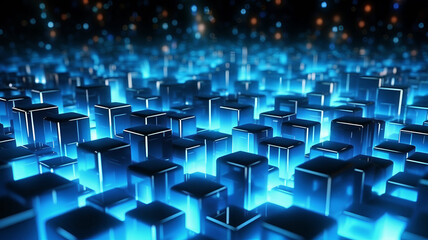 Abstract Digital Data Background.Blue glowing cubes. Binary code. Generative AI.