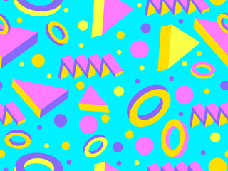 3D geometric seamless pattern in 80s style. 3d isometric triangles, zigzags and circles. Design for promotional products, wrapping paper and printing. Vector illustration