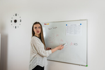 Young female teacher stand near whiteboard and explain english language rules or grammar