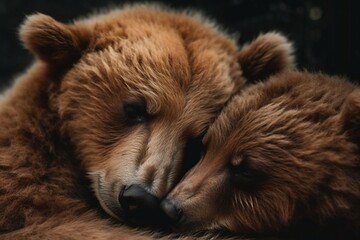 Obraz premium Heartwarming Bond: Mother and Cub Brown Bears Cuddling in Affectionate Rest