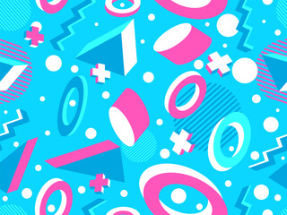 3D geometric seamless pattern in 80s style. 3d isometric triangles, zigzags and circles. Geometric memphis style. Design for promotional products, wrapping paper and printing. Vector illustration