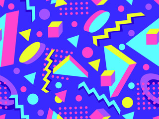 3D geometric seamless pattern in 80s style. 3d isometric triangles, zigzags and circles. Geometric memphis style. Design for promotional products, wrapping paper and printing. Vector illustration