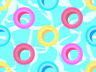 Swim ring seamless pattern. Inflatable pool rings, top view. Multi-colored inflatable circles for swimming on the water. Design for print, banners and posters. Vector illustration