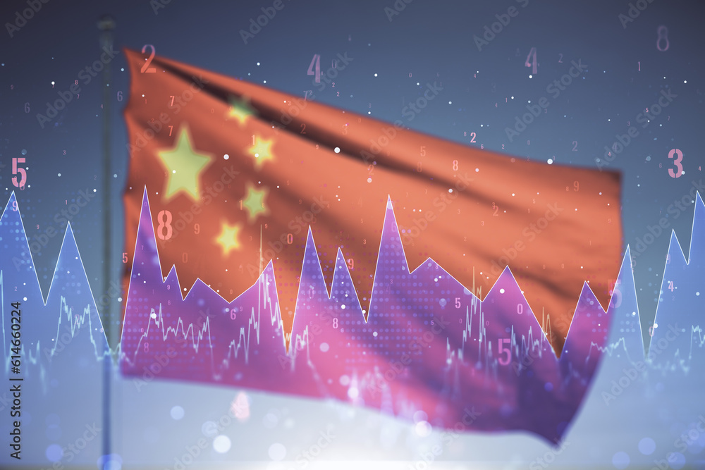 Poster multi exposure of abstract statistics data hologram interface on flag of china and blue sky backgrou
