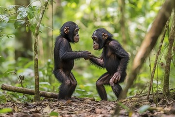 Playful Companions: Two Young Black and White Monkeys Engaging in Forest Frolic
